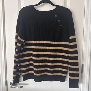 Knox Rose Black and Beige Striped Sweater with Button Detail Size Large